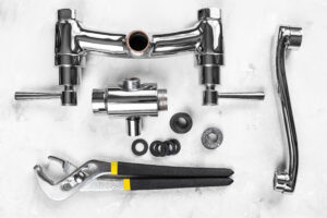 above view of wrench, faucet, diverter, spout